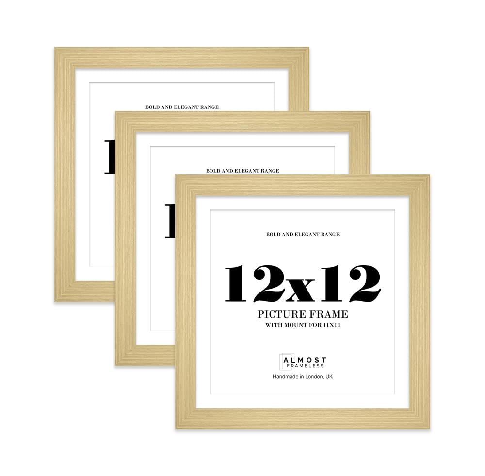 12x12" Gold Square Frame With Mount for 11x11" Pictures 28mm Edge Frame Display with Wall Hooks and Kickstand, 3 Pack