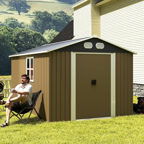 Image of KEIKI 8x12 FT Heavy-Duty Outdoor Storage Shed, Metal Shed with Reinforced Frame, Lockable Doors & Air Vents, Weatherproof Garden Tool Shed for Backyard, Brown