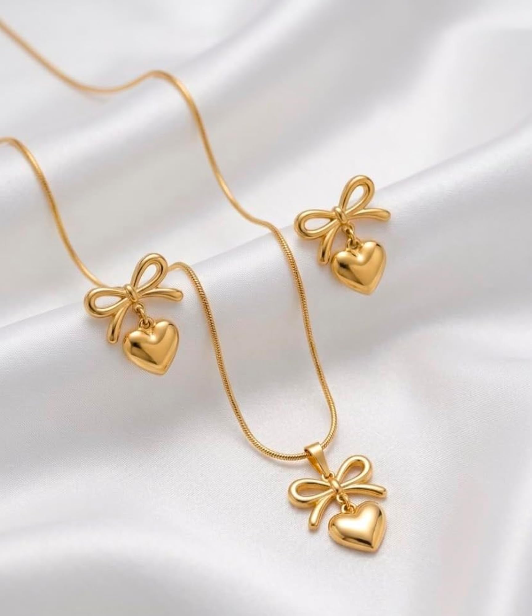 Gold Plated Bow and Heart Necklace and Earrings Set