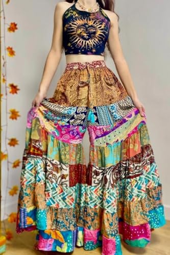 Recycled Sari Silk Wide Leg Patchwork Pants, Boho Hippie Skirt Pant for Women, Boho Hippie Patchwork Palazzo Pant,Elastic Waist (28-38 Inch) Silk Palazzo2