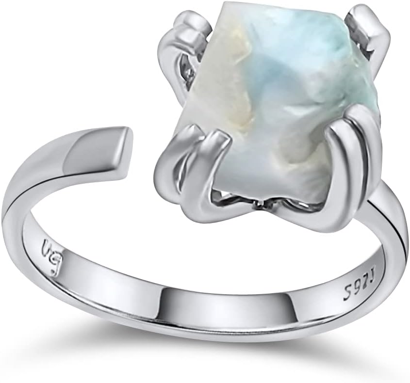 Natural raw gemstone adjustable finger ring with white gold over 925 sterling silver, perfect birthstone gift for her, Uniquelan Jewelry