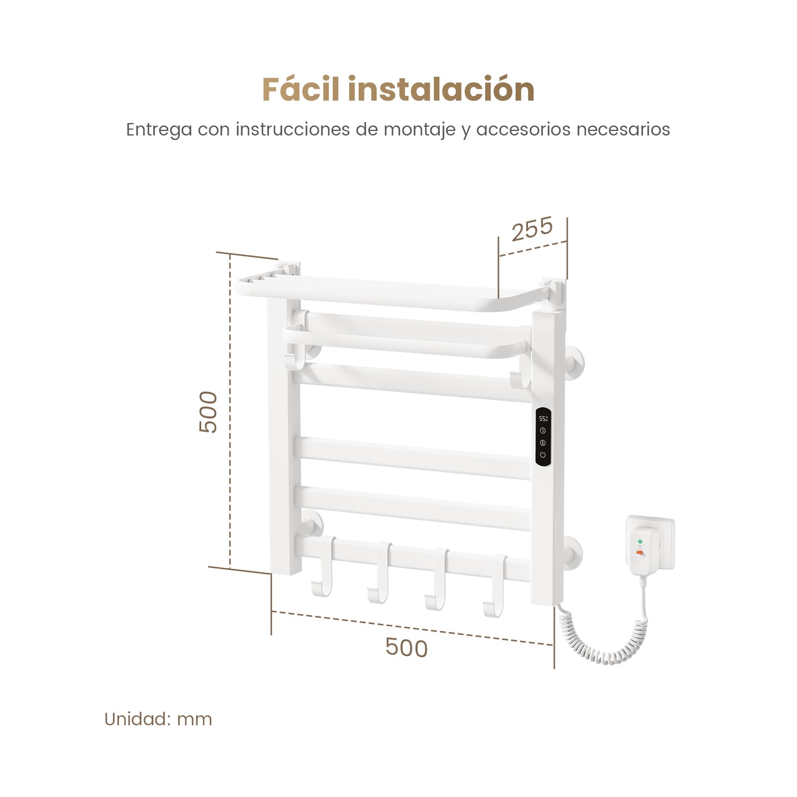EMKE Toalleros eléctrico de baño 500 x 500 mm, 140W, Blanco | Toallero eléctrico con Temperatura Constante, Secador de Toallas con Estante ,Control de Temperatura Inteligente