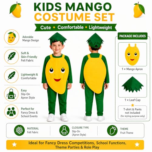 Image of Raj Costume Kids Mango Fruit Costume Apron with Cap for Boys & Girls | Cute Yellow Cutout Fancy Dress | Soft Felt Fabric | Role Play Outfit