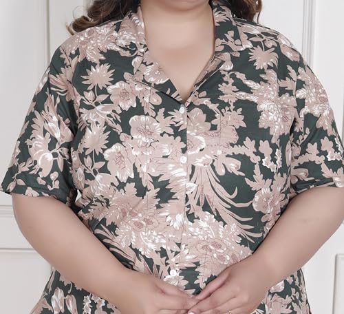 Image of Printed Shirt Style Cotton Night Suit for Women with Extra Plus Size