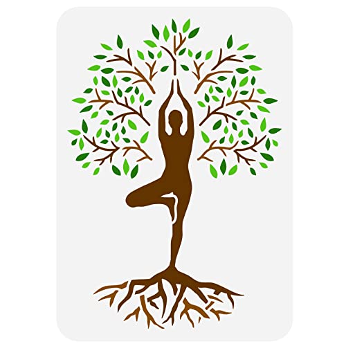 FINGERINSPIRE Stencil Albero Della Vita 21x29.7cm Riutilizzabile Stencil Posa Albero Yoga Posa Modello Pittura Albero Disegno Stencil per Decorare Piante Primaverili Stencil per Dipingere su Parete