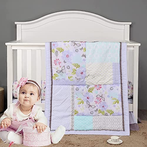 Brandream Baby Girl Purple Butterfly Crib Bedding Set Sweet Nursery Bedding 3 Piece Farmhouse Comforter Set,Fitted Sheet, Crib Skirt #TOP7