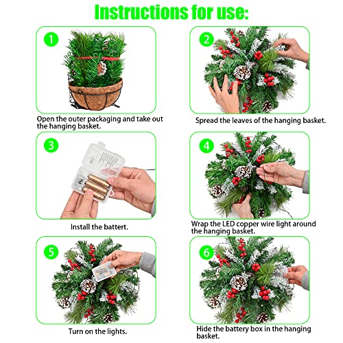 Pre-Lit“Feel Real”Artificial Christmas Hanging Basket,Christmas Hanging Basket With Led String Lights Colonial-Battery Operated 8 Lighting Modes For Indoor And Outdoor (Christmas Hanging Basket-A1) #TOP3