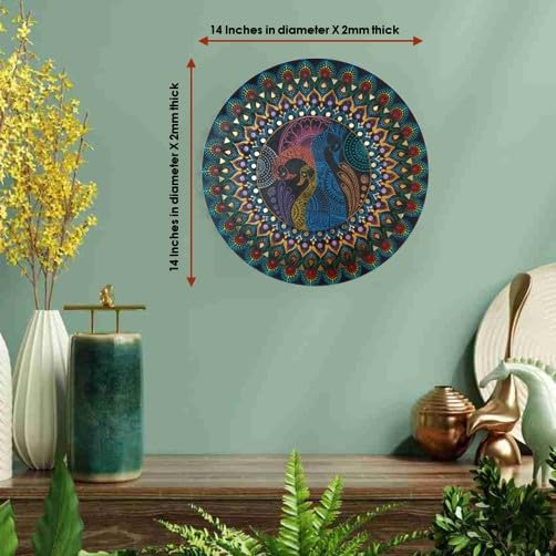 Image of Round wall hanging Painting 3 peacock mandala 14X14inches-center focus