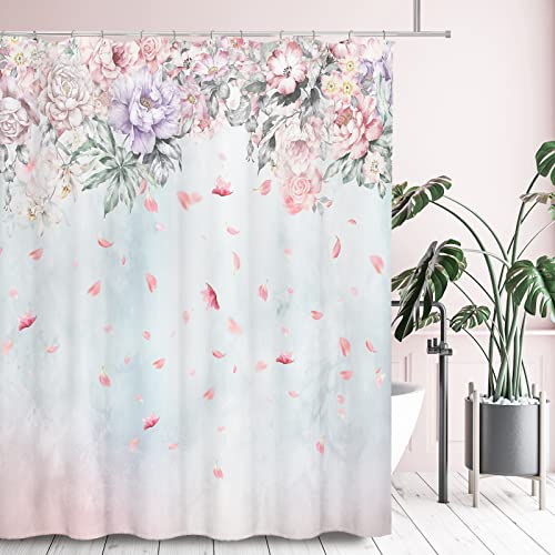 Tititex Pink Roses Lilac Flower Shower Curtain Sets, Falling Blush Blossoming Floral Bathroom Decorative 70X70 Inch Polyester Waterproof Fabric Bathroom Curtain With Hooks #TOP6