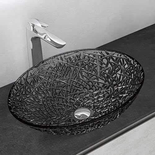 Mai & Mai Lavabo sobre Encimera Lavabo Baño | Ovalado | Vidrio | Gris | 50,5x36x15,5 cm | sin Orificio para Grifo sin Rebosadero | Minerva05