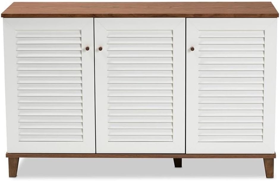 BOWERY HILL Modern Walnut Finished 8-Shelf Wood Shoe Storage Cabinet, Two-Tone White and Walnut Brown, 28 in H x 44 in W x 14 in D, Tapered Legs, Holds Up to 16 Pairs, Contemporary Style