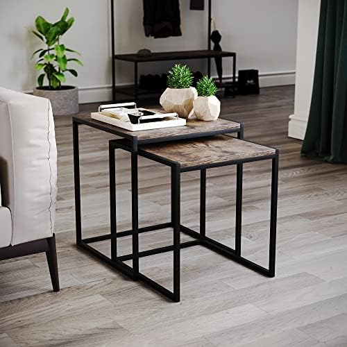 Vida Designs Brooklyn Nest of Tables 2 Piece Set Coffee Side End Tables Industrial Rustic Living Room Furniture (Dark Wood)