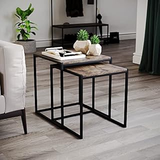 Vida Designs Brooklyn Nest of Tables 2 Piece Set Coffee Side End Tables Industrial Rustic Living Room Furniture (Dark Wood)