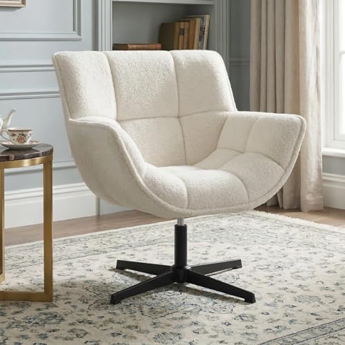 Ya-Home Fauteuil de Salon Pivotant pour Chambre/Salon Chaise à Coussin Fausse Fourrure et Pied Rotatif, Fauteuil 1 Place Confortable pour Lecture, Blanc