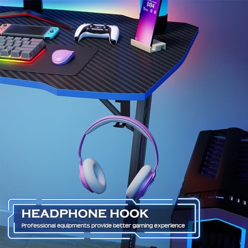 Image of PayLessHere | 35 inch Gaming Table | Blue | Z-Shaped Computer Desk with Steel Frame, Headphone Hook, Adjustable Feet | Carbon Fiber Texture Surface, Sweat & Waterproof | for Gaming, Home Office