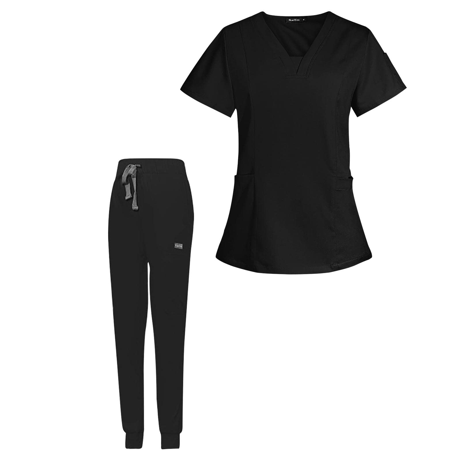 Damen Kasack Set mit Mehreren Taschen für Krankenschwestern Und Kosmetikstudios, Kurzarm Oberteil Und Jogginghose, Cos, Schwarz, m