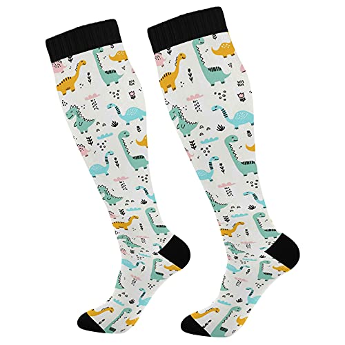 JUNZAN Cute Dinosaur Compression Socks for Women & Men Circulation Long Socks for Running Cycling Athletic Nurse