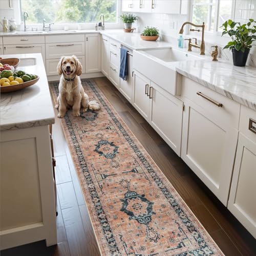 Hallway Washable Runner Rug - 2x10 Kitchen Rugs Entryway Rug Runner Vintage Soft Floor Mat Non Slip Indoor Farmhouse Carpet for Bathroom Living Room Bedroom (2 X 10, Orange)