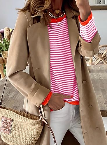 Image of Womens Striped Lightweight Cotton Sweaters Long Sleeve Crew Neck Color Block Casual Knitted Pullover Tops