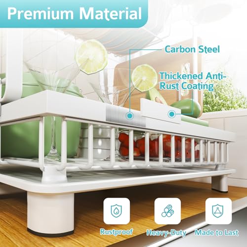 Image of Multifunctional Dish Drying Rack - Rustproof, 2-Tier Dish Racks with Drainboard, Space-Saving Design, Utensil & Cup Holder for Kitchen Counter, White