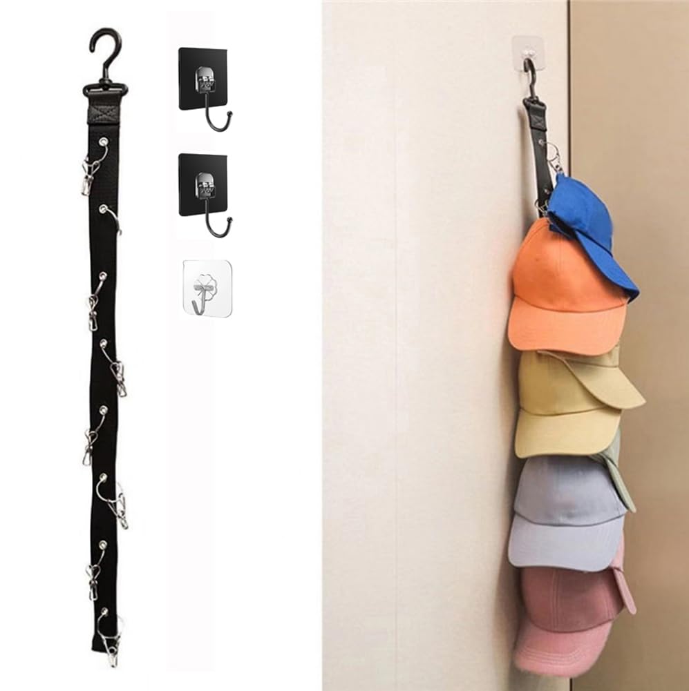 SANMLX Hat Rack for Baseball Caps Hat Organizer Holder for Over The Door &Wall, 8 Clips Holds Up to 8 Caps, Hat Storage for Closet, Baseball Cap Rack for Wall Hanger, Comes with 2 Metal Wall Hooks