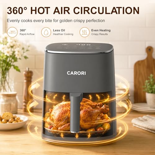 Image of CARORI 6 Qt Air Fryer with Viewing Window, 12 Presets, 1700W, 400F Max, Large Nonstick Dishwasher-Safe Basket, Bake, Roast, Reheat, Dehydrate, Gray