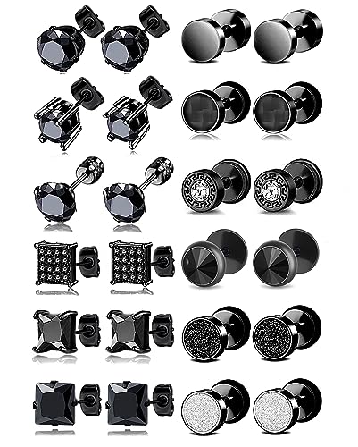 12 Pairs Stainless Steel Stud Earrings Cubic Zirconia Cartilage Barbell Earring Set for Men Women Black Silver Tone 8mm