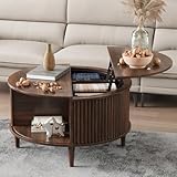 FNeL Round Coffee Table with Storage, Fluted Lift Top Coffee Table for Living Room, 31.5' Mid Century Modern Center Table with Sliding Cabinet Door, Walnut