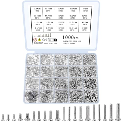 woshilaoDS 1000 Stk Kleine Schrauben Set, Mini Schrauben Set, M1.6 M1.7 M2 M2.5 M3 Mikro Schrauben Sortiment Kit, Rundkopfschrauben Kreuzkopfschrauben für Brillen Uhren Laptops Computer