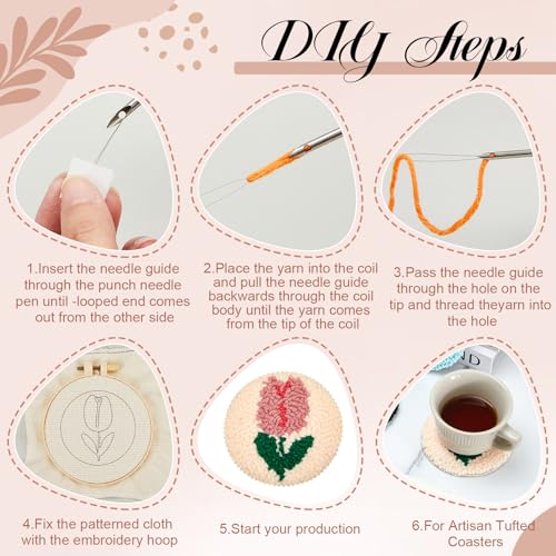 Image of Preboun 8 Pcs Floral Punch Needle Coaster Kit Punch Needle Embroidery Kit for Adults Beginners Flower Punch Needle Supplies for Crafters Tufted Coasters Including Yarns Hoop Tools