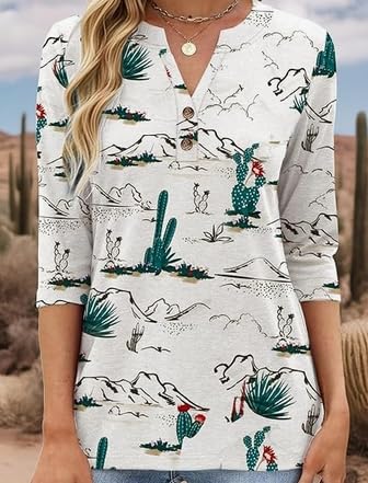 Womens Tops 3/4 Length Sleeve Shirts V Neck Graphic Western Shirts Loose Casual Vintage Blouses Cactus Desert Tees2