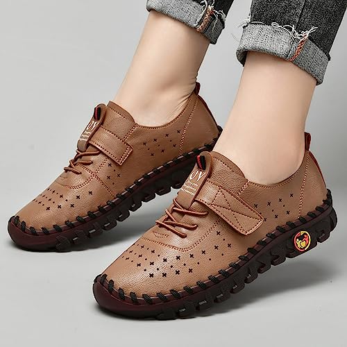 Image of Women's Hollow Beef Tendon Soft Bottom Slip-on Flat Loafers,Fashion Hand Sewing Non-Slip Oxford Breathable Orthotic 4D Pain Relief Comfy Walk Casual Shoes