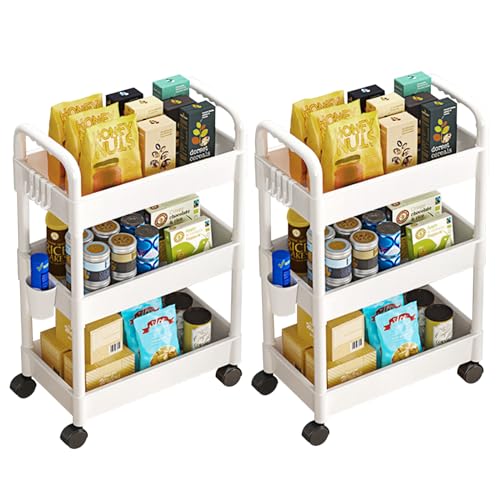 CYEER 2 Pack 3 Tier Storage Trolley on Wheels, White Plastic Mobile Shelving Storage Utility Cart with Handle, Slide Out Storage Rack with Hook Baskets for Kitchen, Bedroom, Bathroom, Laundry Room