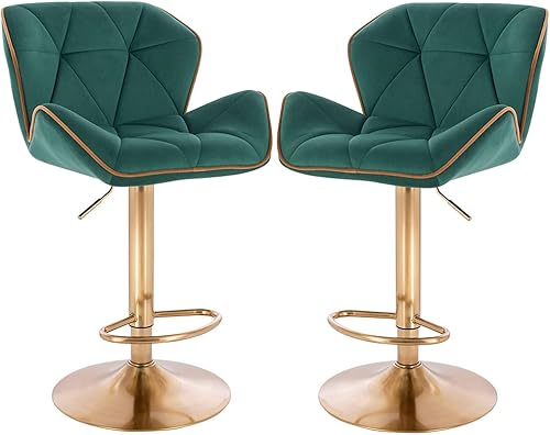 Modern Home Luxe Spyder - Juego de 2 taburetes de bar ajustables contemporáneos con rotación de 360 (base dorada, ribete verdedorado)