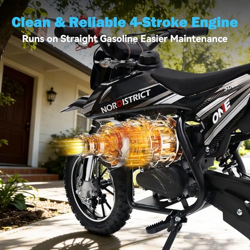 Image of 49cc Kids Dirt Bike,Gas Powered Dirt Bike with No Oil Mixing,Front&Rear Disc Brakes,4 Stroke Dirt Bike for Kids 8-14 with Inverted Fork Suspension,Pull Start,25MPH,Black