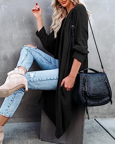 ZoeAce Womens Open Front Knit Cardigan Long Batwing Sleeve Oversized Sweater Chunky Waffle Cable Boho Pockets Coat3
