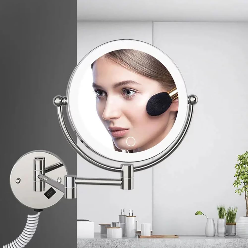 Espejo De Maquillaje LED Montado En La Pared, Espejo Cosmético De Aumento De 5X Para Mujer, Espejo Auxiliar Cosmético De Baño De 8 Pulgadas, Espejo De Luz Redondeada