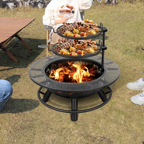 Hykolity 35 Inch Fire Pit with 2 Cooking Grate & Charcoal Pan, Outdoor Wood Burning BBQ Grill Firepit Bowl with Cover Lid, Steel Round Table for Backyard Bonfire Patio Picnic - Image 3