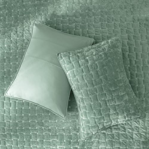 Powdion Velvet Quilt Queen Size, Oversized Bedspread Coverlet Quilted Bedding Set, Full Lightweight Velvet Comforter Set Luxury Coverlet Set for All Season with 2 Pillow Shams, Aqua Green