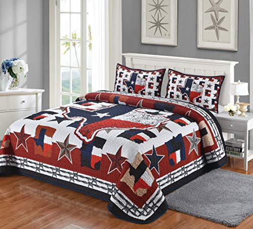 LL Home Texas State Shaped Flag Lone Star Quilt Bedding Set - Size: Queen Quilt + 2 Shams, Red/White/Blue/Black