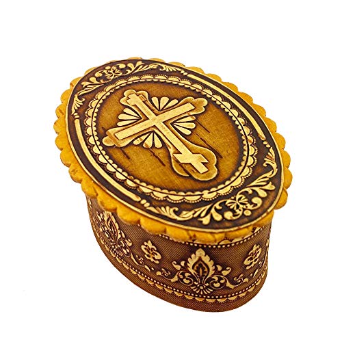 Wooden Birch Rosary Prayer Beads Keepsake Box With Three Bar Cross 2 3/4 Inch, Religious Gift