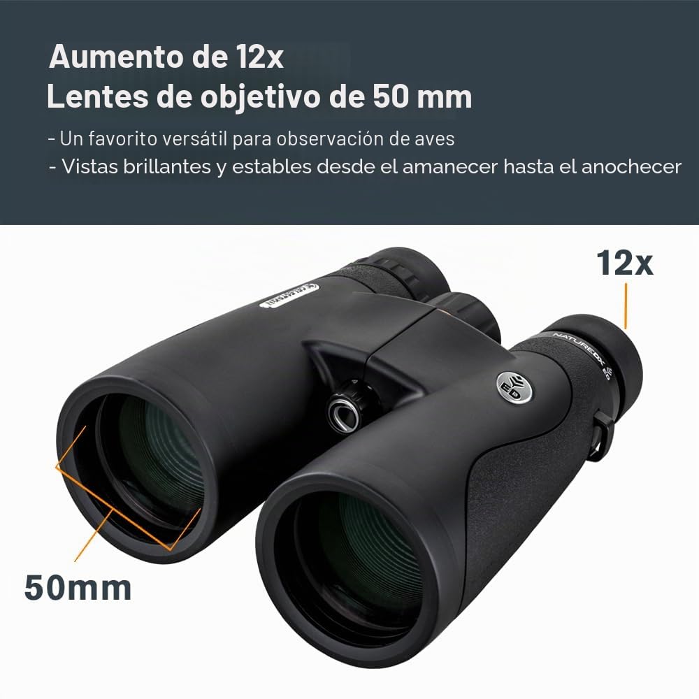 Celestron 72336 Nature DX ED 12x50: prismáticos con lentes objetivo con dispersión baja, exteriores y aves, revestimiento múltiple completo y prismas BaK-4, carcasa revestida resistente al agua y vaho