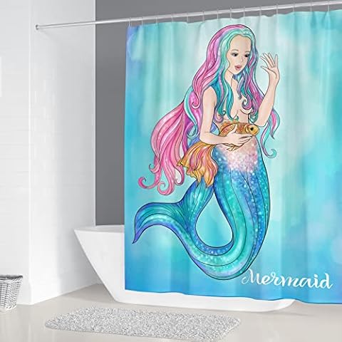 Shower Curtain Blue Cartoon Mermaid Shower Curtains Mould Proof Resistant Washable Shower Curtains Resistant 100% Polyester Shower Curtains Waterproof Hooks Bathroom Curtains(180x180) Cover