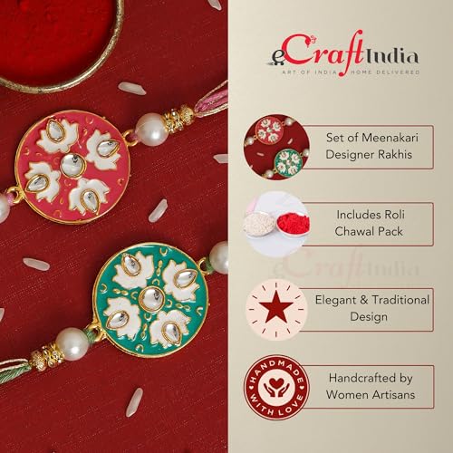 Image of eCraftIndia Set of 2 Blue & Peach Meenakari Designer Rakhis, Best Bro Ever Fridge Magnet with Roli Chawal Pack - Rakhis for Brothers