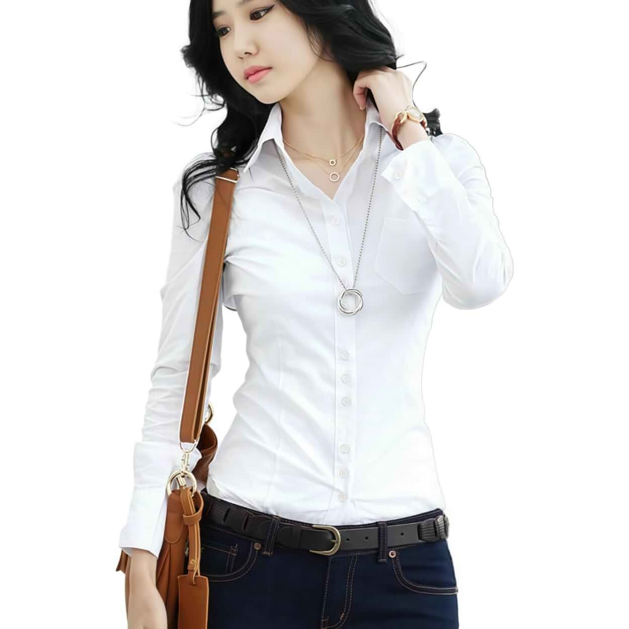 Women's Classic Button Down Shirt Long Sleeve Dress Shirts Collared Work Office Solid Blouse Corset Tops with Pockets Long Sleeve