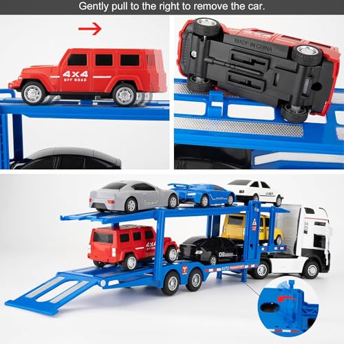 Image of Car Truck Toy 7-in-1 Transport Diecast Truck with Sounds Lights Pull Back