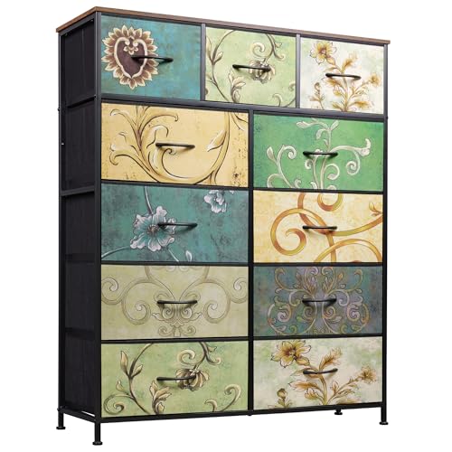 WLIVE Tall Dresser for Bedroom, Fabric Dresser Storage Tower, Chest of Drawers Organizer Unit with 11 Drawers, Storage Cabinet, Hallway, Closets, Steel Frame, Wood Top, Vintage,Floral Painted