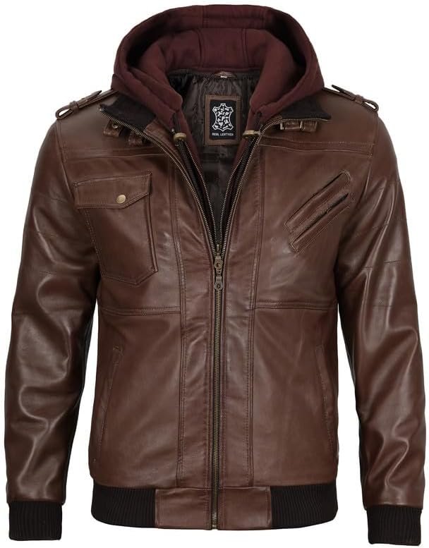 Decrum Mens Leather Jacket - Detachable Hood Stylish Real Lambskin Leather Bomber Jacket Men - Image 3