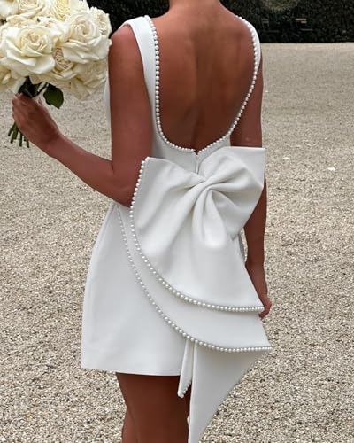 Satin Short Wedding Dresses for Women Beading Backless Bridal Shower Dresses for Bride Detachable Bow Wedding Dress4