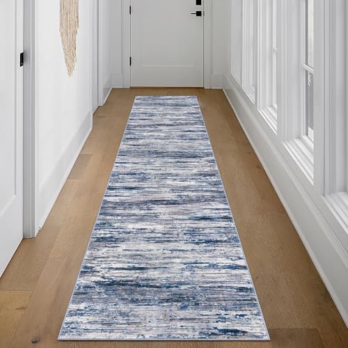 2x10 Navy Blue Gray Neutral Multi Modern Abstract Runner Rug for Hallways, Super Soft Hallway Decor Kitchen Rugs with Non-Slip, Non-Shedding Washable Rug for Hallways Entryway Bedroom Indoor